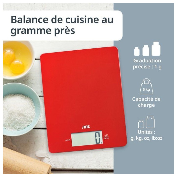 Balance de cuisine digitale - ADE - LEONIE - Plastique ABS - 22 x 17 cm - Inclus 1 pile Cr 2032-Rouge