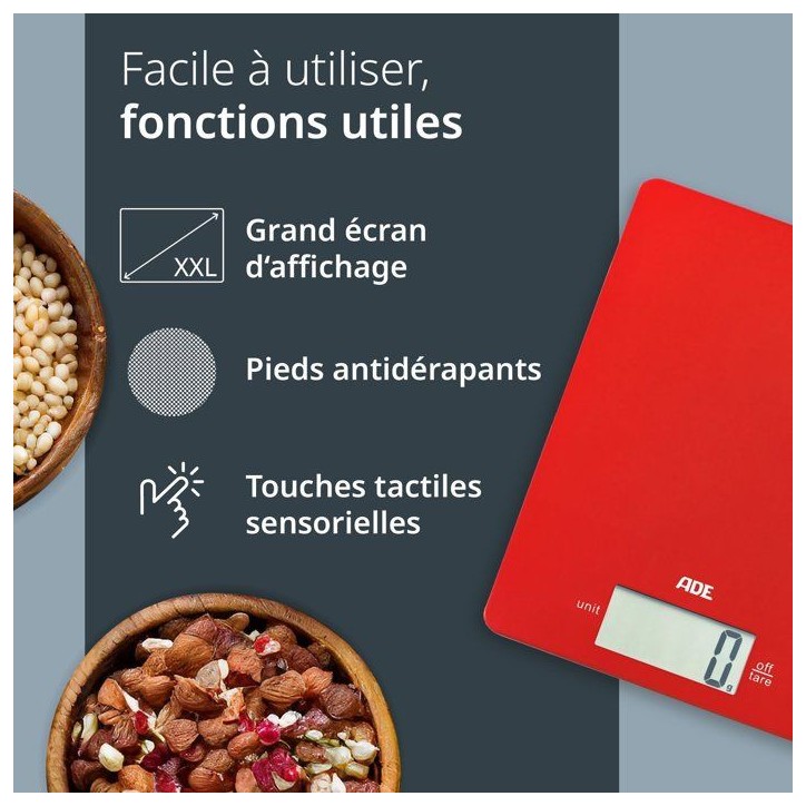 Balance de cuisine digitale - ADE - LEONIE - Plastique ABS - 22 x 17 cm - Inclus 1 pile Cr 2032-Rouge