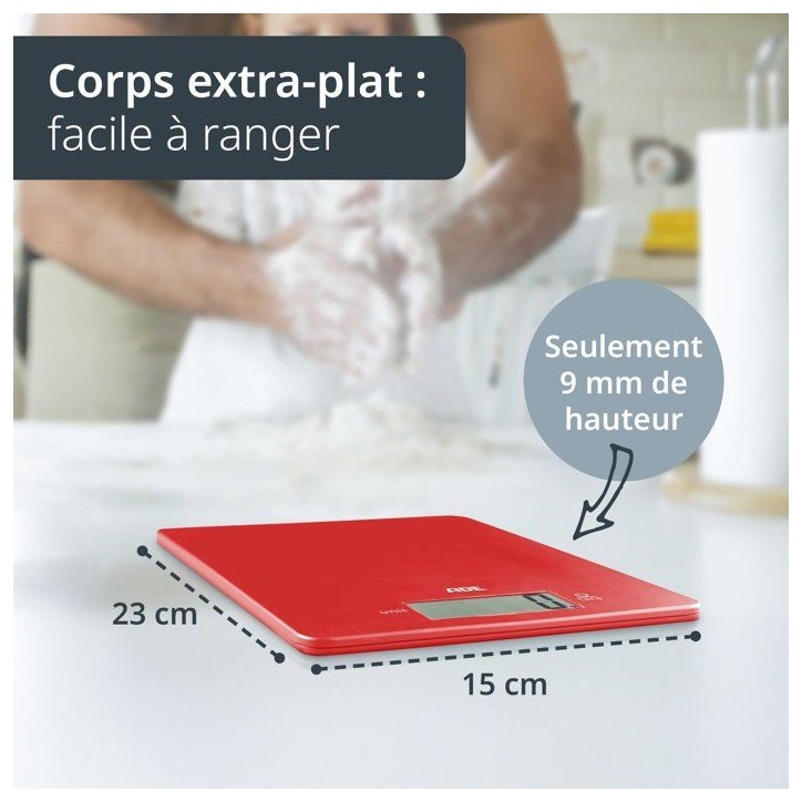 Balance de cuisine digitale - ADE - LEONIE - Plastique ABS - 22 x 17 cm - Inclus 1 pile Cr 2032-Rouge