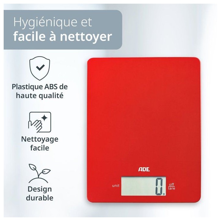 Balance de cuisine digitale - ADE - LEONIE - Plastique ABS - 22 x 17 cm - Inclus 1 pile Cr 2032-Rouge