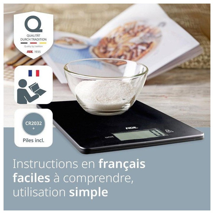 Balance de cuisine digitale - ADE - LEONIE - Plastique ABS - 22 x 17 cm - Inclus 1 pile Cr 2032 - Noir