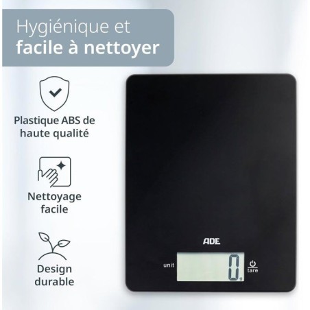 Balance de cuisine digitale - ADE - LEONIE - Plastique ABS - 22 x 17 cm - Inclus 1 pile Cr 2032 - Noir