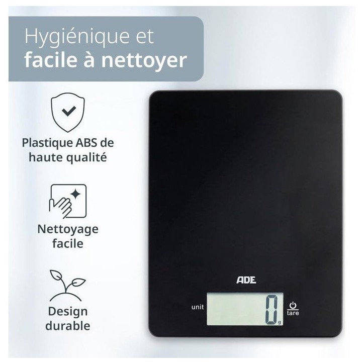 Balance de cuisine digitale - ADE - LEONIE - Plastique ABS - 22 x 17 cm - Inclus 1 pile Cr 2032 - Noir