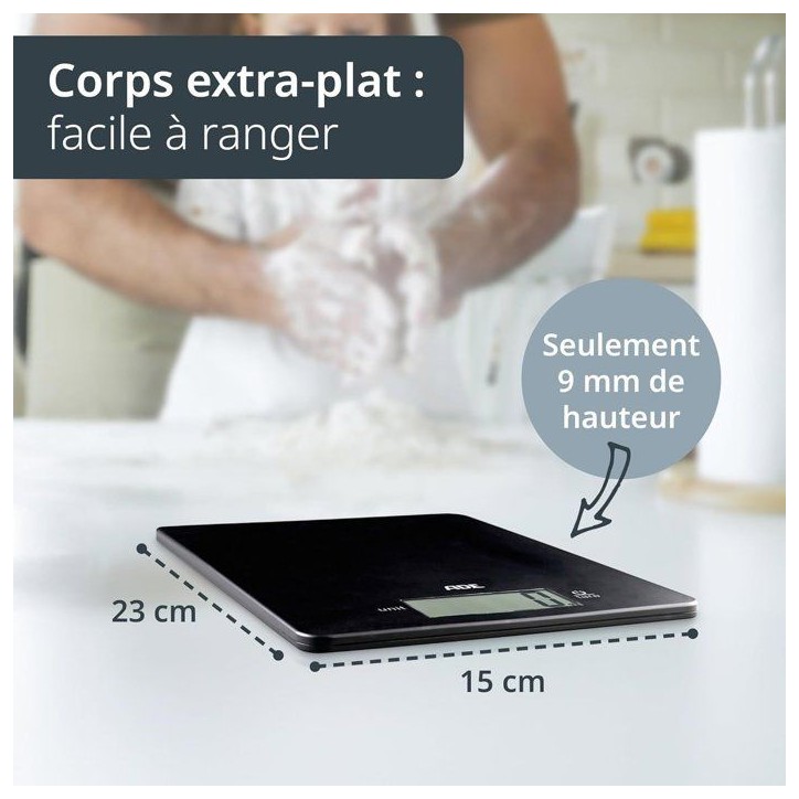 Balance de cuisine digitale - ADE - LEONIE - Plastique ABS - 22 x 17 cm - Inclus 1 pile Cr 2032 - Noir
