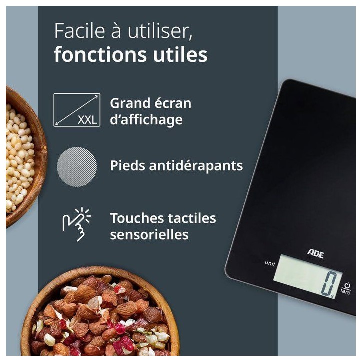 Balance de cuisine digitale - ADE - LEONIE - Plastique ABS - 22 x 17 cm - Inclus 1 pile Cr 2032 - Noir