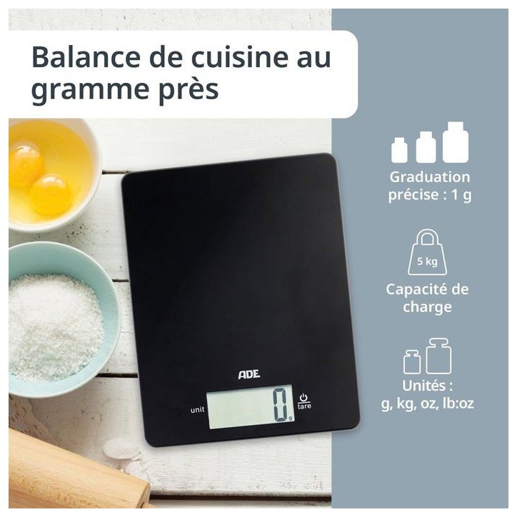 Balance de cuisine digitale - ADE - LEONIE - Plastique ABS - 22 x 17 cm - Inclus 1 pile Cr 2032 - Noir