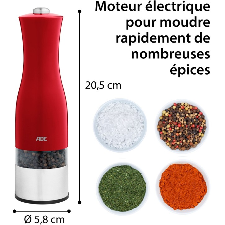 Moulin Poivre/Sel électrique - ADE -KITCHEN GADGETS - Acier inoxydable/plastique - H 22,5 cm - Inclus 6 pilles AAA - Rouge Moulin Poivre/Sel électrique - ADE -KITCHEN GADGETS - Acier inoxydable/plastique - H 22,5 cm - Inclus 6 pilles AAA - Rouge