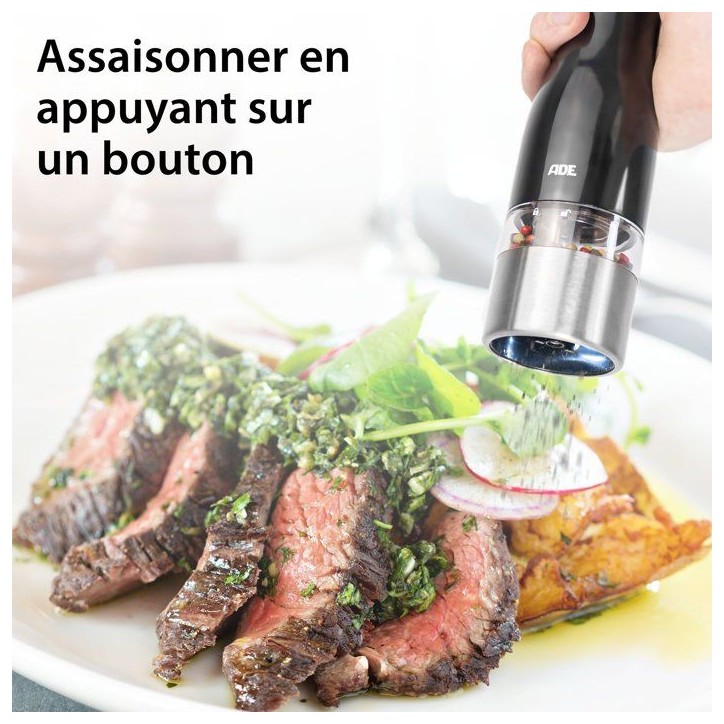Moulin Poivre/Sel électrique - ADE -KITCHEN GADGETS - Acier inoxydable/plastique - H 22,5 cm - Inclus 6 pilles AAA - Noir