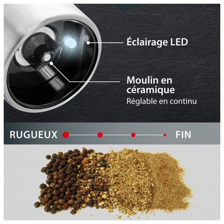 Moulin Poivre/Sel électrique - ADE -KITCHEN GADGETS - Acier inoxydable/plastique - H 22,5 cm - Inclus 6 pilles AAA - Noir