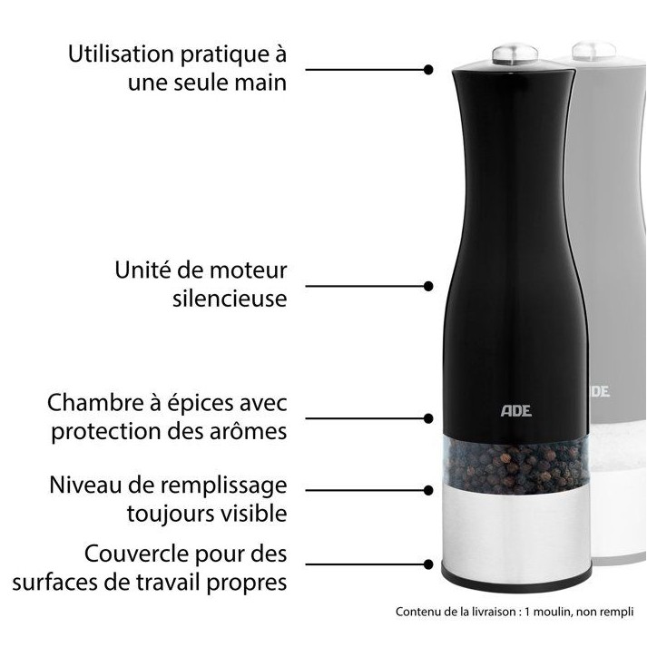 Moulin Poivre/Sel électrique - ADE -KITCHEN GADGETS - Acier inoxydable/plastique - H 22,5 cm - Inclus 6 pilles AAA - Noir