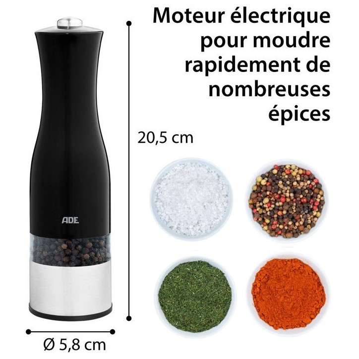 Moulin Poivre/Sel électrique - ADE -KITCHEN GADGETS - Acier inoxydable/plastique - H 22,5 cm - Inclus 6 pilles AAA - Noir