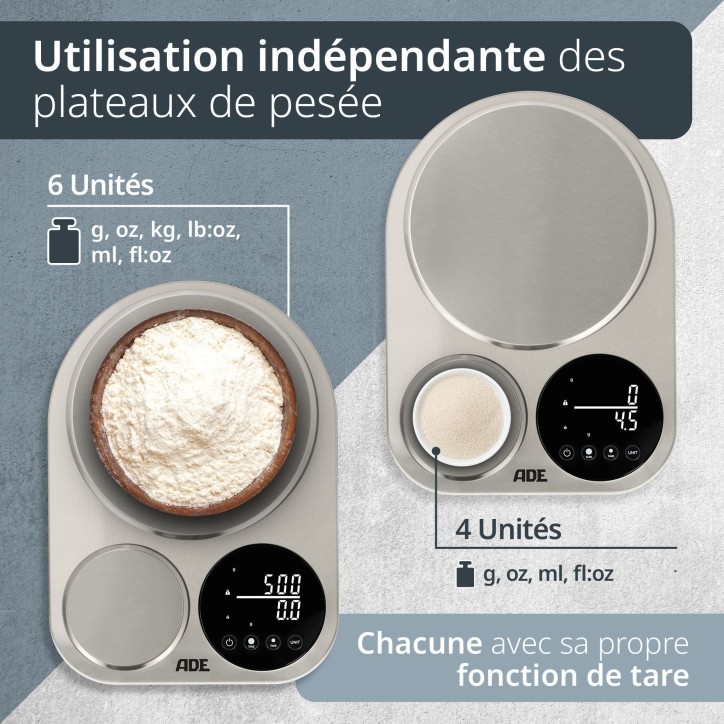 Balance de cuisine duo digitale - ADE - ISABELLA - Acier inoxydable/Plastique - 23x16,5 cm - Inclus 3 piles AAA Balance de cuisine duo digitale - ADE - ISABELLA - Acier inoxydable/Plastique - 23x16,5 cm - Inclus 3 piles AAA