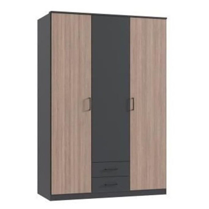 Armoire AGIA - 3 portes battantes + 2 tiroirs - Décor anthracite et chene - L135 x H199 x P58 cm