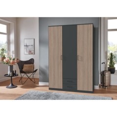 Armoire AGIA - 3 portes battantes + 2 tiroirs - Décor anthracite et chene - L135 x H199 x P58 cm