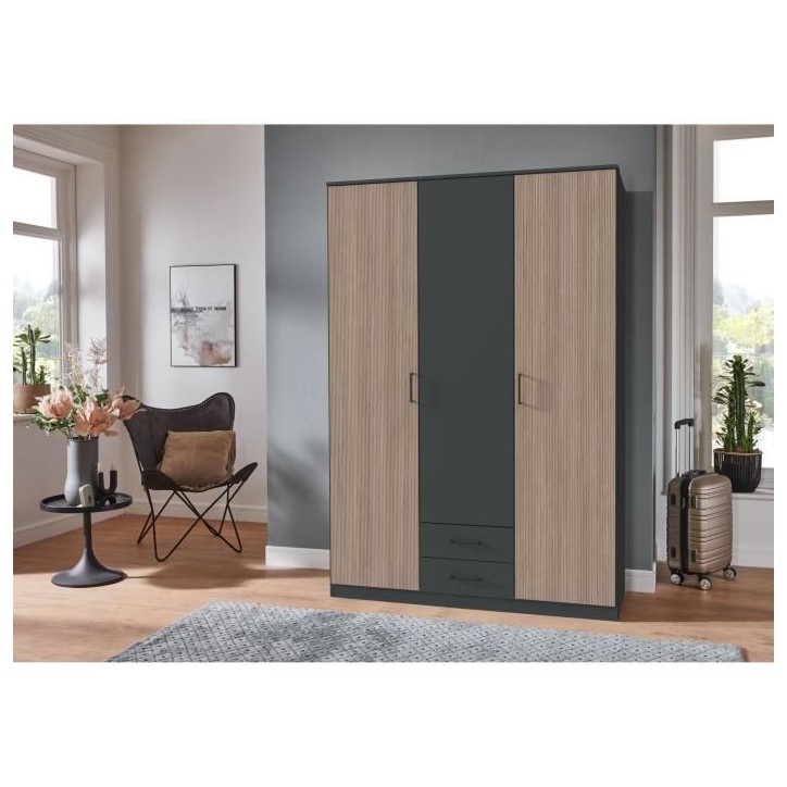 Armoire AGIA - 3 portes battantes + 2 tiroirs - Décor anthracite et chene - L135 x H199 x P58 cm