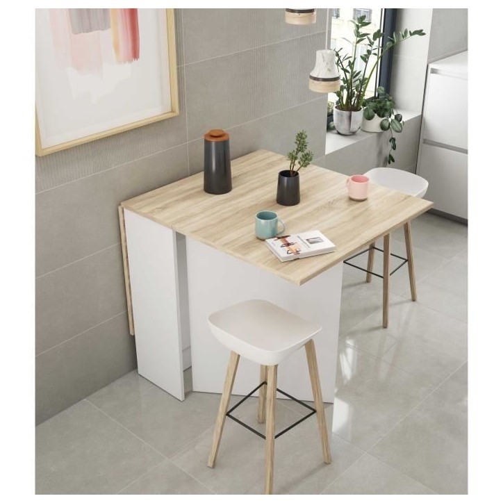 Table de cuisine rabattable FLY - Mélaminé blanc artik et chene - L 31/140 x P 77 x H 78 cm