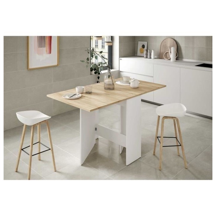 Table de cuisine rabattable FLY - Mélaminé blanc artik et chene - L 31/140 x P 77 x H 78 cm