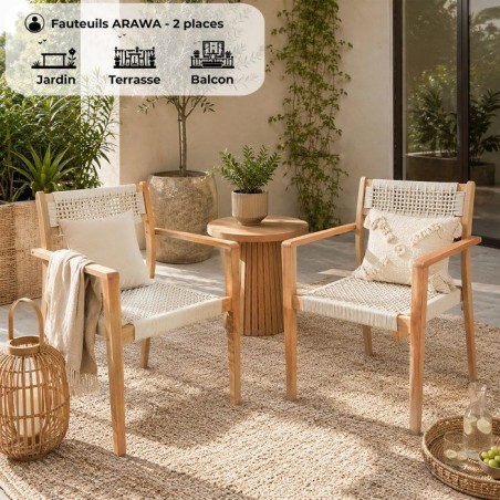 Lot de 2 fauteuils de jardin - ARAWA - Bois d'Acacia FSC - Empilable - Cordage tressé - 57 x 59 x 85 cm