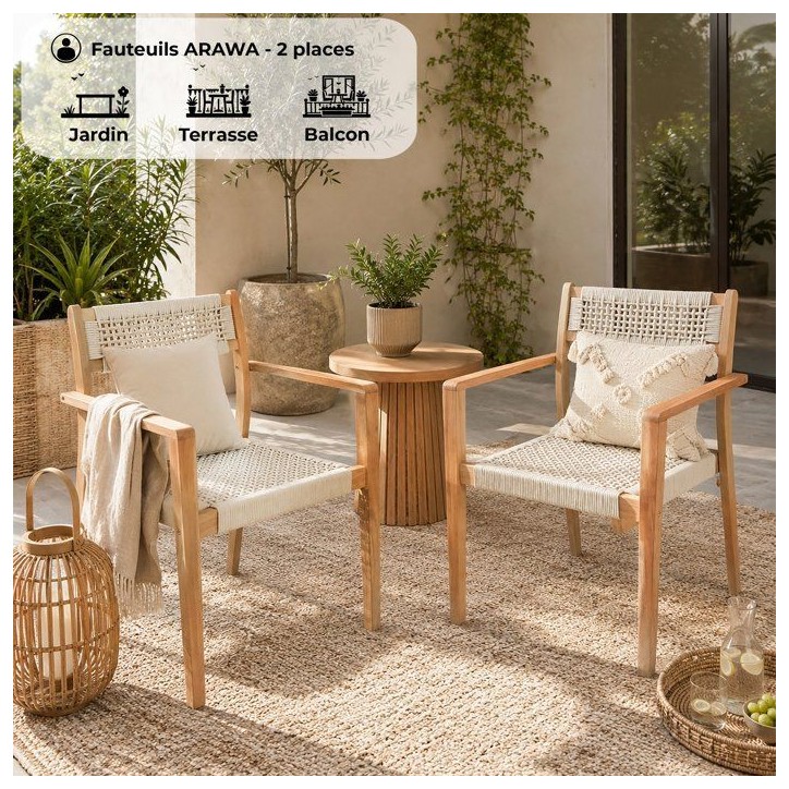 Lot de 2 fauteuils de jardin - ARAWA - Bois d'Acacia FSC - Empilable - Cordage tressé - 57 x 59 x 85 cm