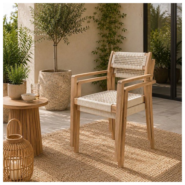 Lot de 2 fauteuils de jardin - ARAWA - Bois d'Acacia FSC - Empilable - Cordage tressé - 57 x 59 x 85 cm