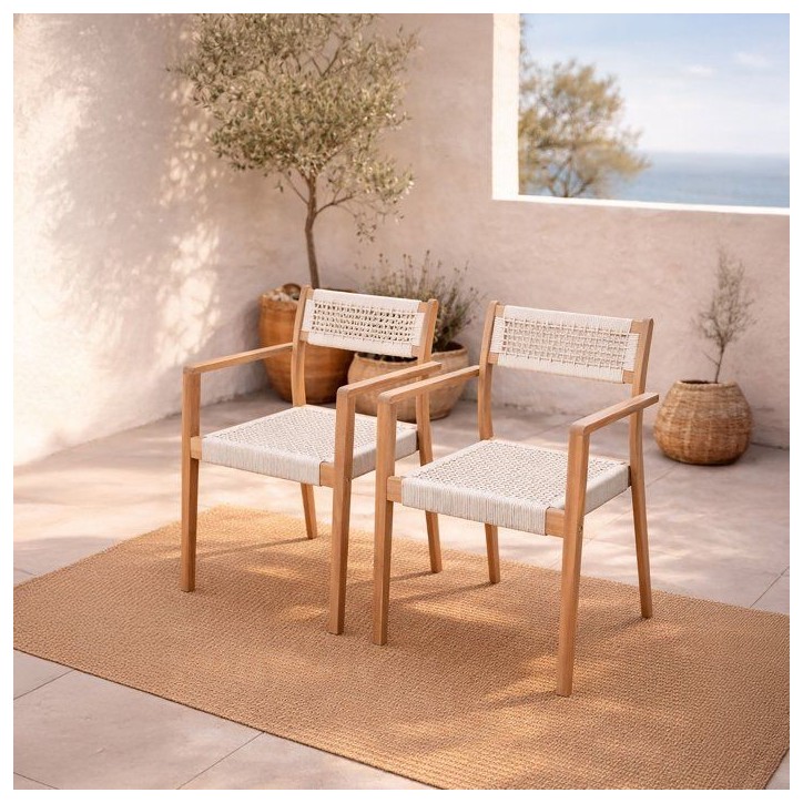 Lot de 2 fauteuils de jardin - ARAWA - Bois d'Acacia FSC - Empilable - Cordage tressé - 57 x 59 x 85 cm