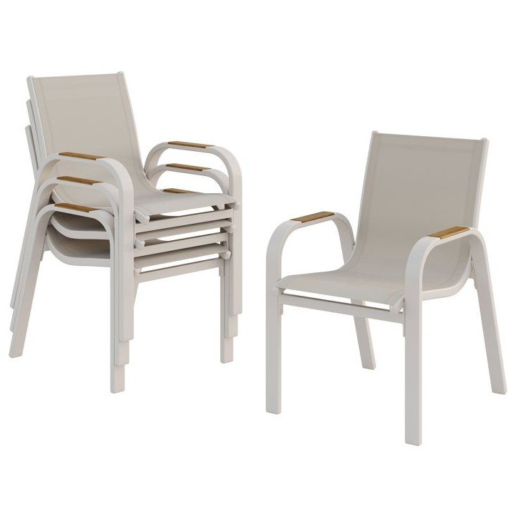 Lot de 4 fauteuils repas de jardin - VIANEA – Structure aluminium et textilene – Blanc et naturel - 52 x 64 x 86 cm