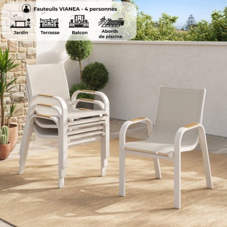 Lot de 4 fauteuils repas de jardin - VIANEA – Structure aluminium et textilene – Blanc et naturel - 52 x 64 x 86 cm