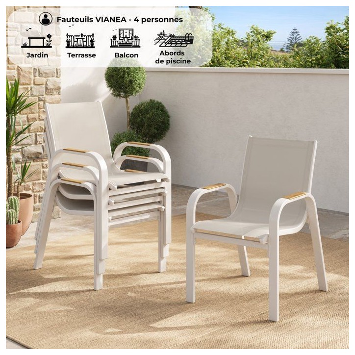 Lot de 4 fauteuils repas de jardin - VIANEA – Structure aluminium et textilene – Blanc et naturel - 52 x 64 x 86 cm