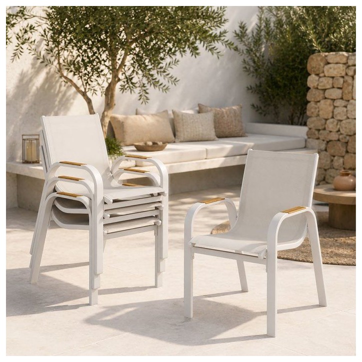 Lot de 4 fauteuils repas de jardin - VIANEA – Structure aluminium et textilene – Blanc et naturel - 52 x 64 x 86 cm