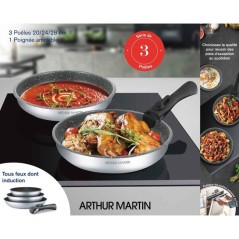 Set de 3 poeles - Tous feux dont induction - 20-24-28 cm Arthur Martin