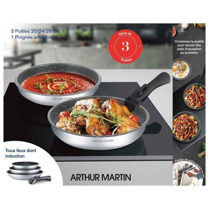 Set de 3 poeles - Tous feux dont induction - 20-24-28 cm Arthur Martin - AM521S - Aluminium - Anti-adhérent - - Poignée amovib Set de 3 poeles - Tous feux dont induction - 20-24-28 cm Arthur Martin - AM521S - Aluminium - Anti-adhérent - - Poignée amovib