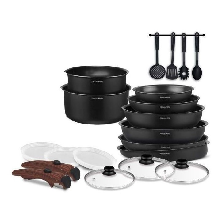 Batterie de cuisine - Tous feux dont induction - Arthur Martin - AM0530 - Aluminium - Anti-adhésif - 20 pieces - Poignée amovi Batterie de cuisine - Tous feux dont induction - Arthur Martin - AM0530 - Aluminium - Anti-adhésif - 20 pieces - Poignée amovi