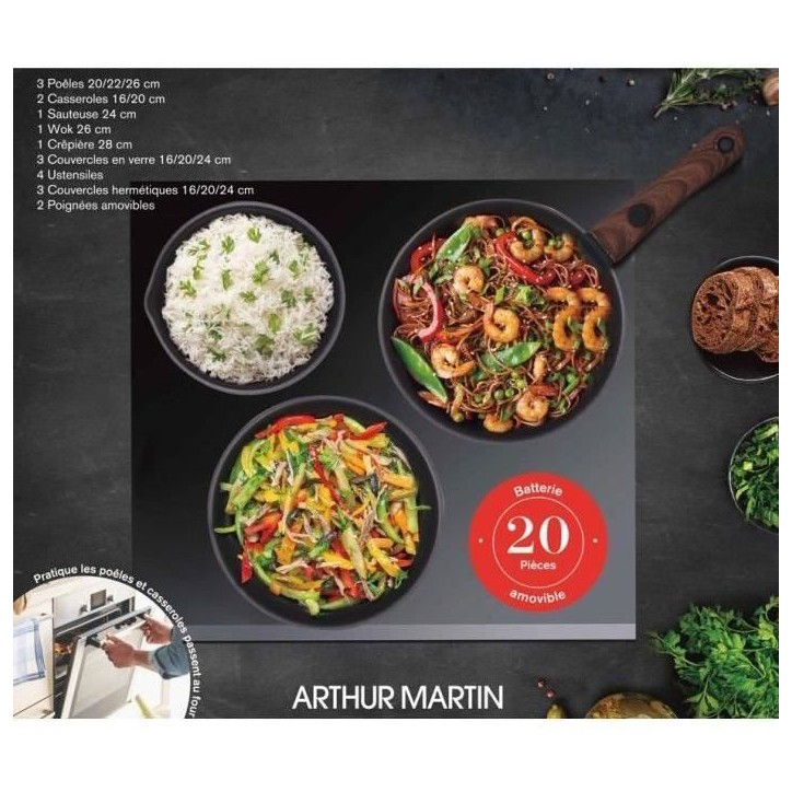Batterie de cuisine - Tous feux dont induction - Arthur Martin - AM0530 - Aluminium - Anti-adhésif - 20 pieces - Poignée amovi Batterie de cuisine - Tous feux dont induction - Arthur Martin - AM0530 - Aluminium - Anti-adhésif - 20 pieces - Poignée amovi