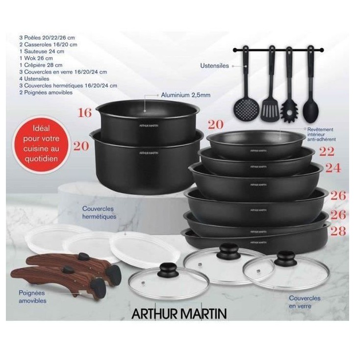 Batterie de cuisine - Tous feux dont induction - Arthur Martin - AM0530 - Aluminium - Anti-adhésif - 20 pieces - Poignée amovi Batterie de cuisine - Tous feux dont induction - Arthur Martin - AM0530 - Aluminium - Anti-adhésif - 20 pieces - Poignée amovi