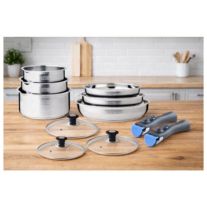Batterie de cuisine - AM3220 - Tous feux dont induction - ARTHUR MARTIN - Sans PFOA/PFAS - Acier inoxydable 18/10 - 11 pieces Batterie de cuisine - AM3220 - Tous feux dont induction - ARTHUR MARTIN - Sans PFOA/PFAS - Acier inoxydable 18/10 - 11 pieces