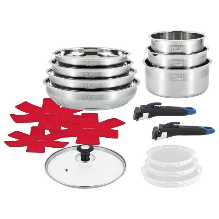 Batterie de cuisine - AM3237 - Tous feux dont induction - ARTHUR MARTIN - Sans PFOA/PFAS - Acier inoxydable 18/10 - 16 pieces