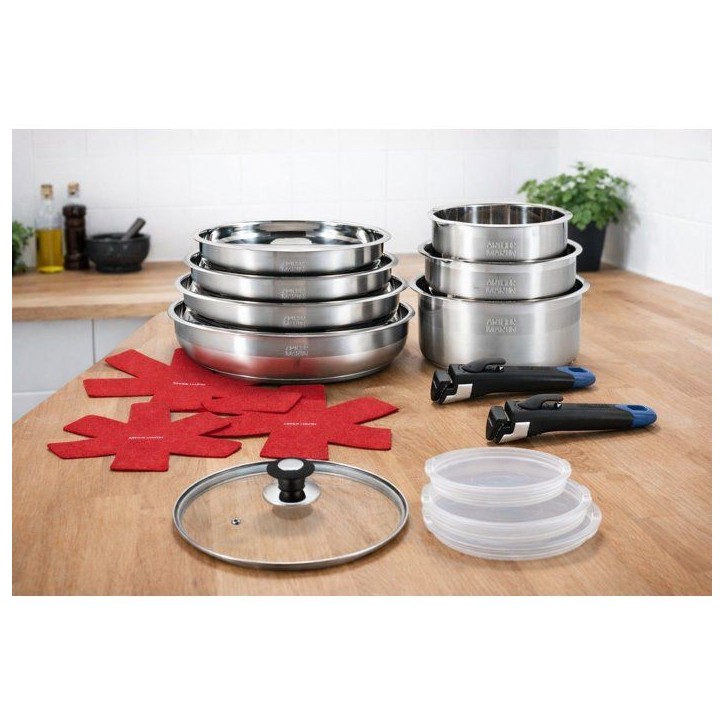 Batterie de cuisine - AM3237 - Tous feux dont induction - ARTHUR MARTIN - Sans PFOA/PFAS - Acier inoxydable 18/10 - 16 pieces