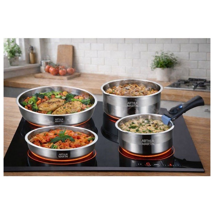 Batterie de cuisine - AM3237 - Tous feux dont induction - ARTHUR MARTIN - Sans PFOA/PFAS - Acier inoxydable 18/10 - 16 pieces