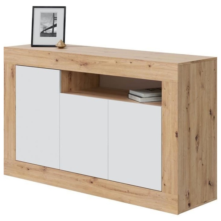 Buffet - BALTIK - Mélaminé 3 portes + 1 niche de rangement - Chene nodi et blanc artik - L 144x P 44 x H 87 cm Buffet - BALTIK - Mélaminé 3 portes + 1 niche de rangement - Chene nodi et blanc artik - L 144x P 44 x H 87 cm