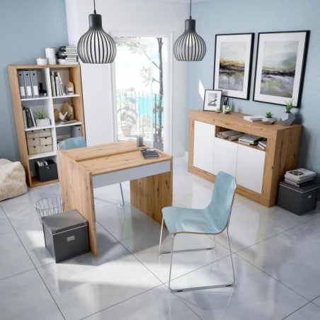 Buffet - BALTIK - Mélaminé 3 portes + 1 niche de rangement - Chene nodi et blanc artik - L 144x P 44 x H 87 cm