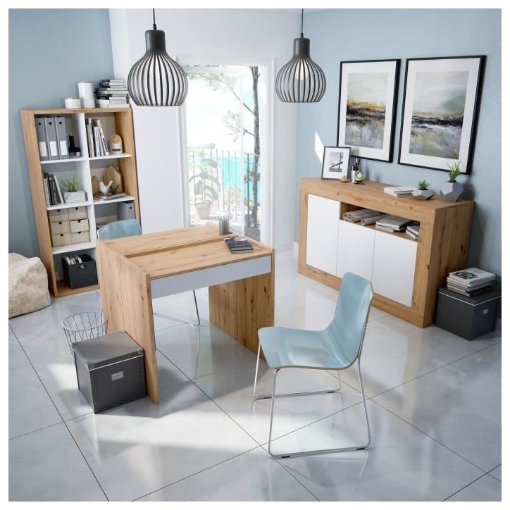 Buffet - BALTIK - Mélaminé 3 portes + 1 niche de rangement - Chene nodi et blanc artik - L 144x P 44 x H 87 cm Buffet - BALTIK - Mélaminé 3 portes + 1 niche de rangement - Chene nodi et blanc artik - L 144x P 44 x H 87 cm
