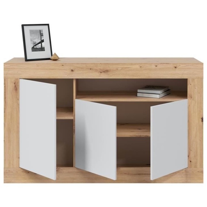 Buffet - BALTIK - Mélaminé 3 portes + 1 niche de rangement - Chene nodi et blanc artik - L 144x P 44 x H 87 cm Buffet - BALTIK - Mélaminé 3 portes + 1 niche de rangement - Chene nodi et blanc artik - L 144x P 44 x H 87 cm
