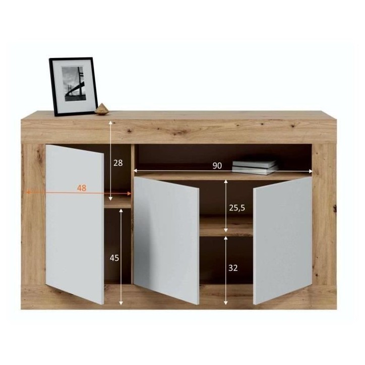 Buffet - BALTIK - Mélaminé 3 portes + 1 niche de rangement - Chene nodi et blanc artik - L 144x P 44 x H 87 cm Buffet - BALTIK - Mélaminé 3 portes + 1 niche de rangement - Chene nodi et blanc artik - L 144x P 44 x H 87 cm
