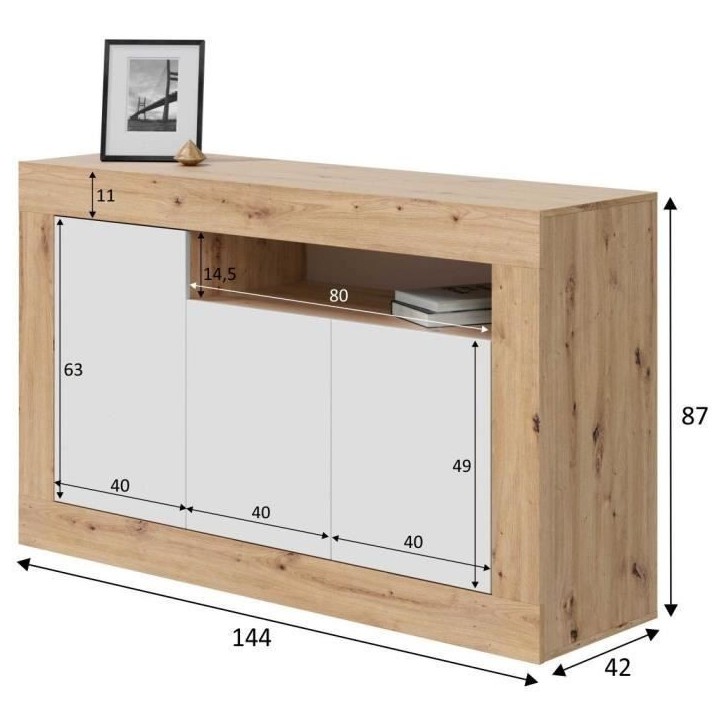 Buffet - BALTIK - Mélaminé 3 portes + 1 niche de rangement - Chene nodi et blanc artik - L 144x P 44 x H 87 cm Buffet - BALTIK - Mélaminé 3 portes + 1 niche de rangement - Chene nodi et blanc artik - L 144x P 44 x H 87 cm