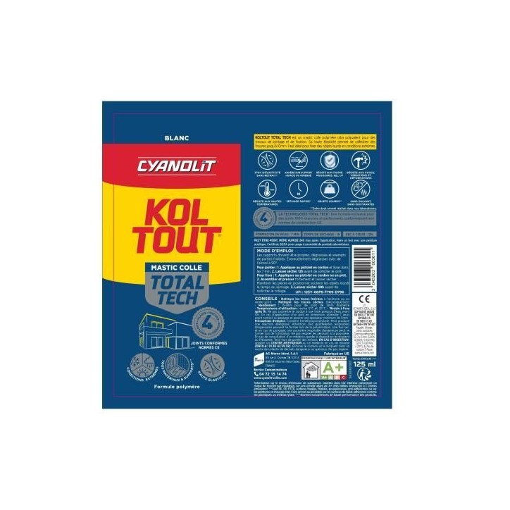 Colle de fixation et d'étanchéité - CYANOLIT - Total tech - Blanc - Tube 125 ml - Polyvalente - Haute résistance Colle de fixation et d'étanchéité - CYANOLIT - Total tech - Blanc - Tube 125 ml - Polyvalente - Haute résistance