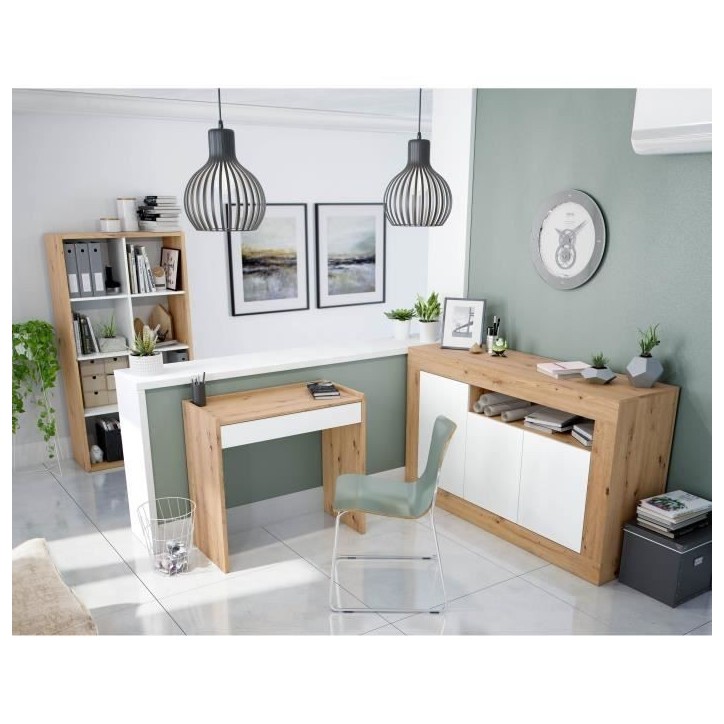Buffet - BALTIK - Mélaminé 3 portes + 1 niche de rangement - Chene nodi et blanc artik - L 144x P 44 x H 87 cm Buffet - BALTIK - Mélaminé 3 portes + 1 niche de rangement - Chene nodi et blanc artik - L 144x P 44 x H 87 cm