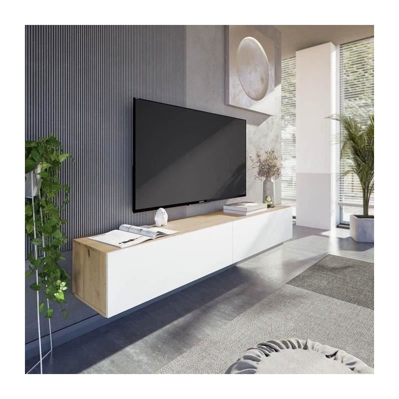 Meuble TV suspendu - L 180X P 28X H 35 cm KAWAY - Décor blanc et chen Meuble TV suspendu - L 180X P 28X H 35 cm KAWAY - Décor blanc et chen