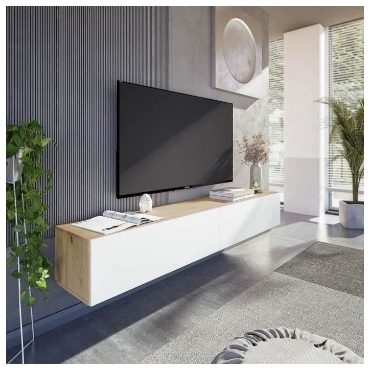 Meuble TV suspendu - L 180X P 28X H 35 cm KAWAY - Décor blanc et chene - 2 Portes abattantes Meuble TV suspendu - L 180X P 28X H 35 cm KAWAY - Décor blanc et chene - 2 Portes abattantes