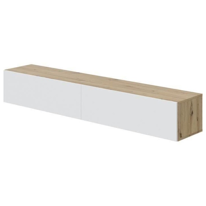 Meuble TV suspendu - L 180X P 28X H 35 cm KAWAY - Décor blanc et chene - 2 Portes abattantes Meuble TV suspendu - L 180X P 28X H 35 cm KAWAY - Décor blanc et chene - 2 Portes abattantes