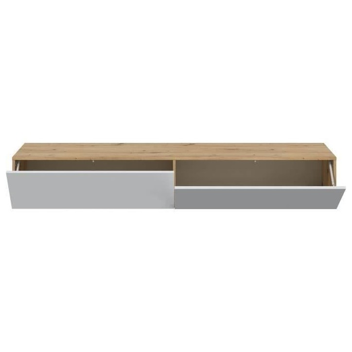 Meuble TV suspendu - L 180X P 28X H 35 cm KAWAY - Décor blanc et chene - 2 Portes abattantes Meuble TV suspendu - L 180X P 28X H 35 cm KAWAY - Décor blanc et chene - 2 Portes abattantes